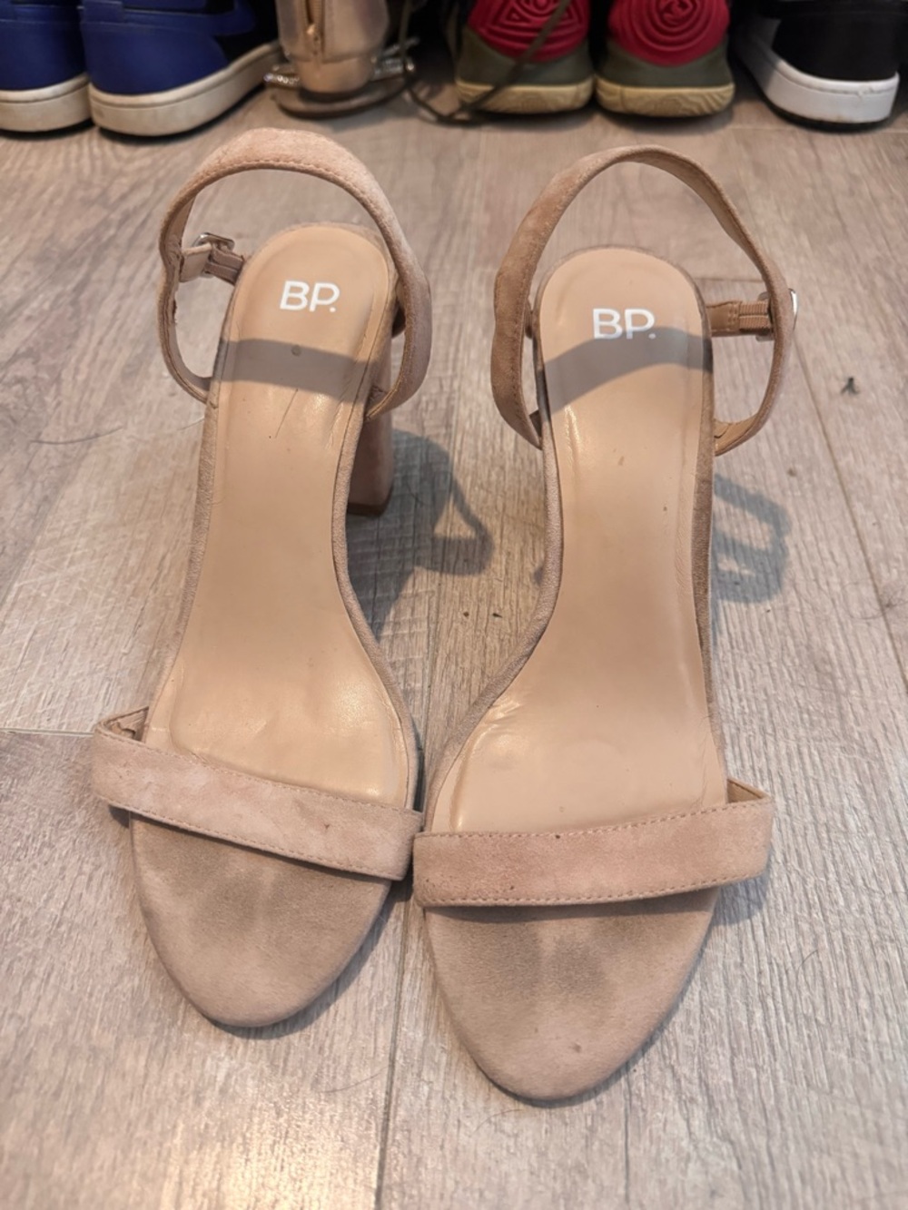 bp Beige Suede Ankle-Strap Block Heel Sandals